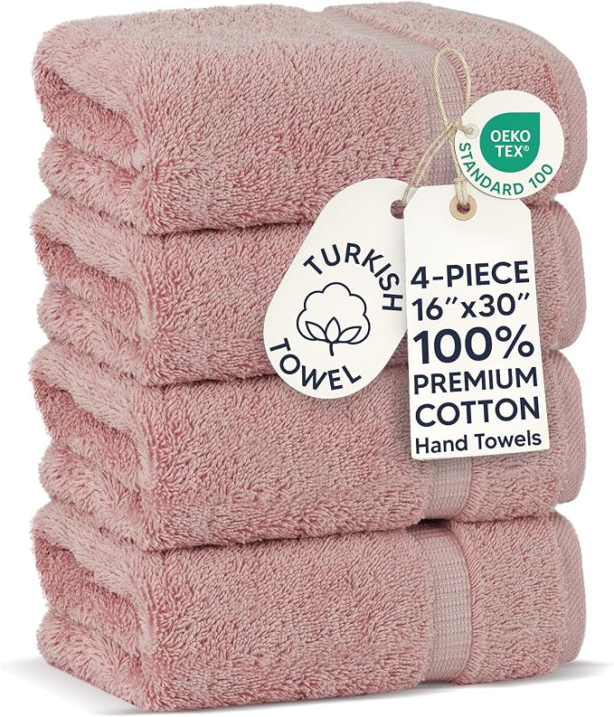 Chakir Turkish Linens 4 Piece Hand Towels, 100% Cotton Turkish Towels for Bathroom, Luxury Soft Absorbent Hand Towel Set, 16 x 30 Inches, Pink
