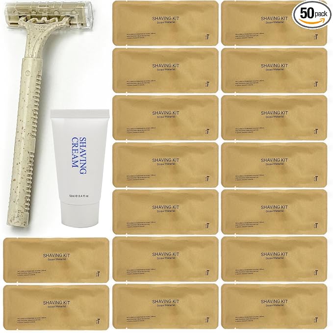 Disposable Shave Kit for Men &Women - 50 Pcs Wheat Straw Razors and Cream Bulk, Individually Wrapped Portable Toiletries Amenities for Hotel, Airbnb, Homeless, Shelter, Charity, Camping and Travel