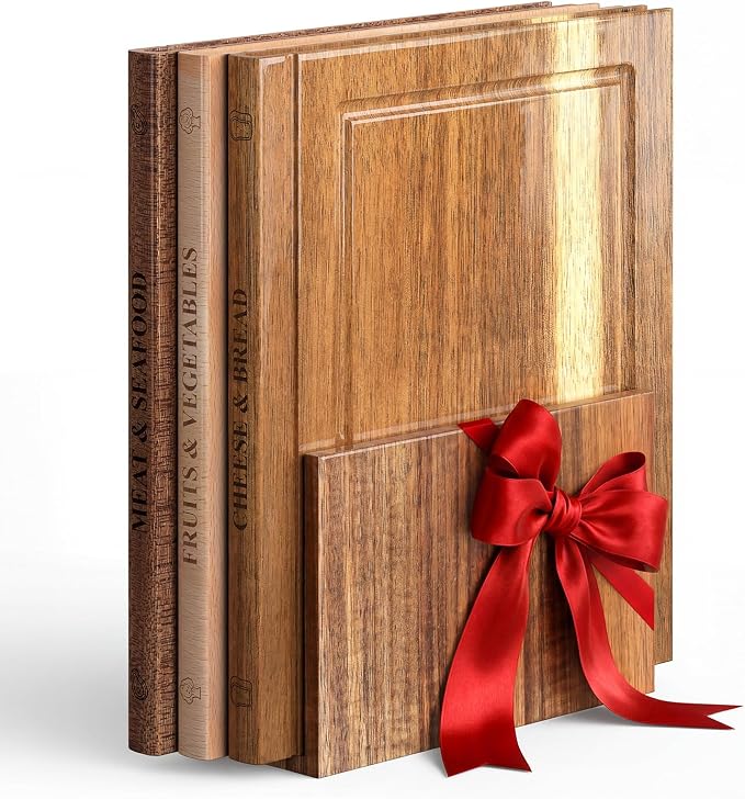 Book Cutting Board Set with Stand, 3PCS Acacia Book Cutting Boards, Library Chopping Board Set for Kitchen, Juice Groove, Three Categories of Tags, Gift for Book Lovers | Library Chopping Board Set for Kitchen, Juice Groove, Three Categories of Tags, G...