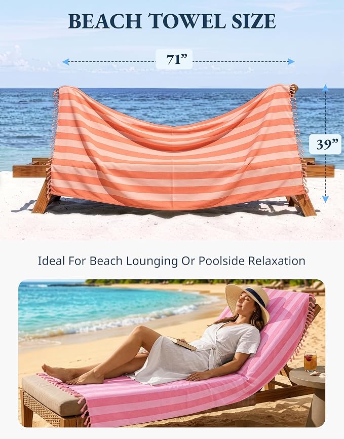 LANE LINEN 6 Pack Beach Towel Set, Oversized, 39"x71" - Summer Trio | Classic Cabana Stripe - Compact & Vacuum-Packed - Long-Lasting & Fresh - Super Soft, Cotton-Rich Feel - Absorbent