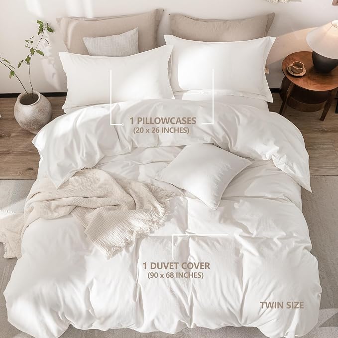 Linen Feel Duvet Cover Twin Size 90inch x 68inch,100% Washed Cotton Duvet Cover with Zipper Closure and One Pillowcases, Color of Off White