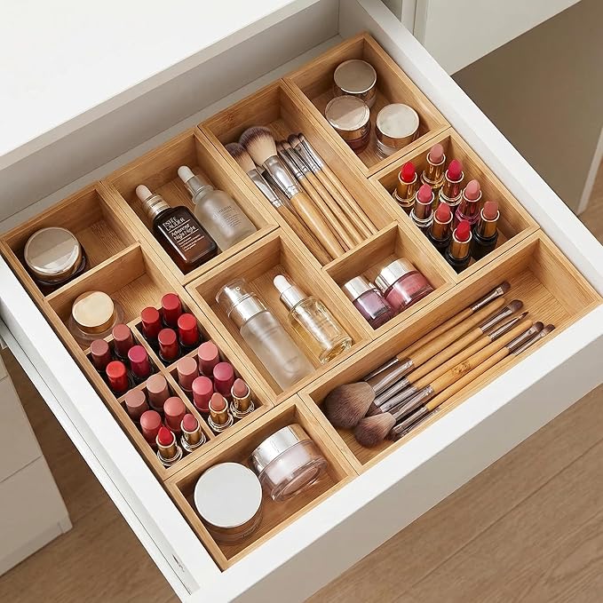 Bamboo Drawer Organizer,Fits Kitchens,Bathrooms,Desk,Utensil,Makeup,Removable Dividers (Natural, M)