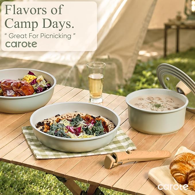 CAROTE Pots and Pans Set, Nonstick Cookware Set Detachable Handle, 19pcs Induction Kitchen Cookware Sets Non Stick with Removable Handle, RV Cookware Set, Oven Safe, Sage Green
