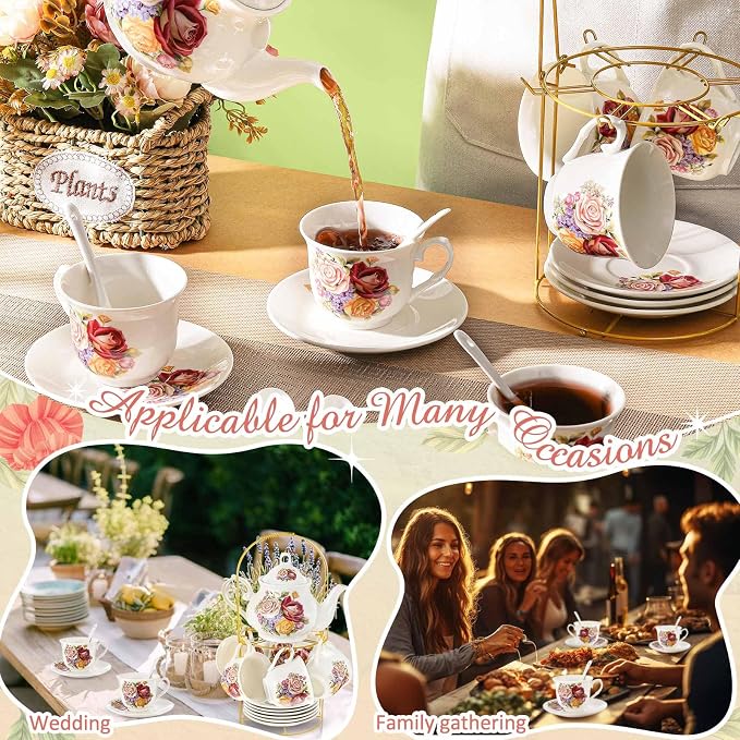 Zhehao 20 Pcs Porcelain Tea Set with Metal Holder and Spoon Adult Ceramic Tea Set European Flower Painting Teapot Cup Saucer Spoon for Women Mom Gift, Large Version (Groovy Style)