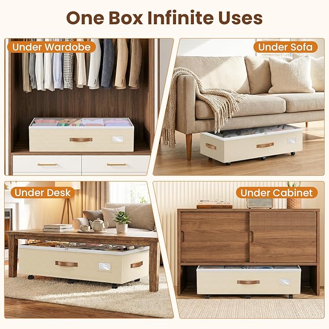 80L 2 Pack Adjustable Under Bed Storage with Wheels, Beige | Underbed containers with clear lids, rolling underbed shoe storage organizer for dorm clothes, blankets, easy to install