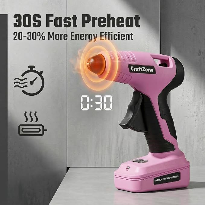 Cordless Hot Glue Gun | 8V Rechargeable Fast Preheating Glue Gun Kit with 50pcs Colorful Glue Sticks | Cordless & Rechargeable Glue Gun with Charger for DIY Art Craft Projects | Pink