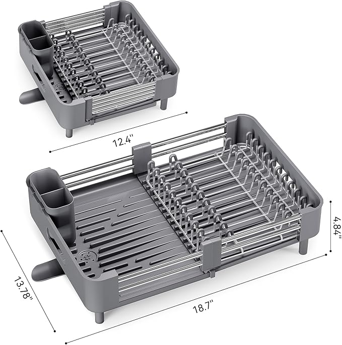 Urackify Stainless Steel Dish Drying Rack - Dish Drainer for Kitchen Counter, Extendable Drainboard with Foldable, Space-Saving Cup & Bowl Organizer, Includes Knife and Utensil Holder, Gray
