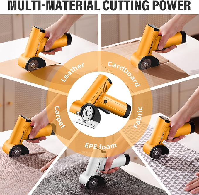 Cordless Electric Scissors, Rechargeable Rotary Cardboard Cutter with LED Light & Safety Lock, 4-Speed Adjustable, 3 Blades for Fabric, Carpet, Leather & Carton, with Storage Case(yellow)