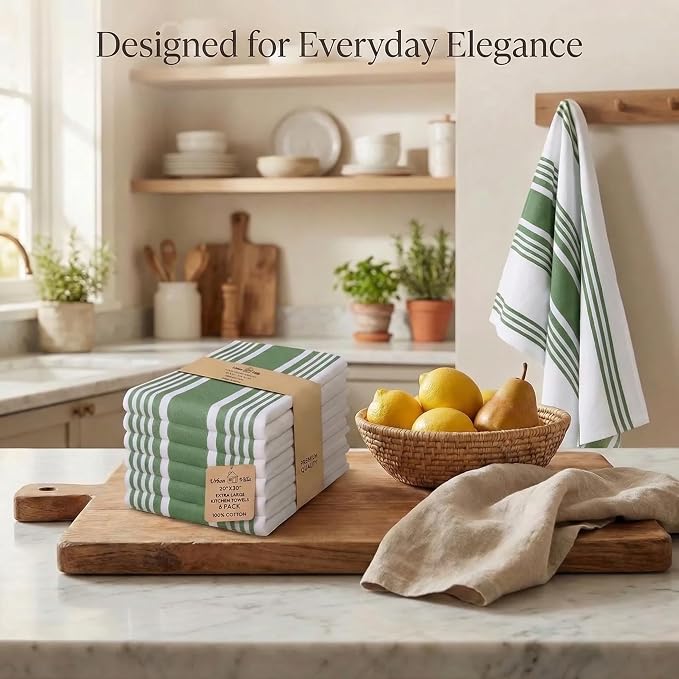 Urban Villa Kitchen Towels Cotton Dish Towels 20”x30” (Set of 6) Green Wht