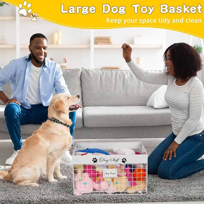 Bfttlity Dog Toy Basket - Large Dog Toy Box with Handles and Label Position Design for Living Room, Metal Dog Toy Bin Storage for Dogs Chew Pets Toys, Blankets, Clothes, Food (White)