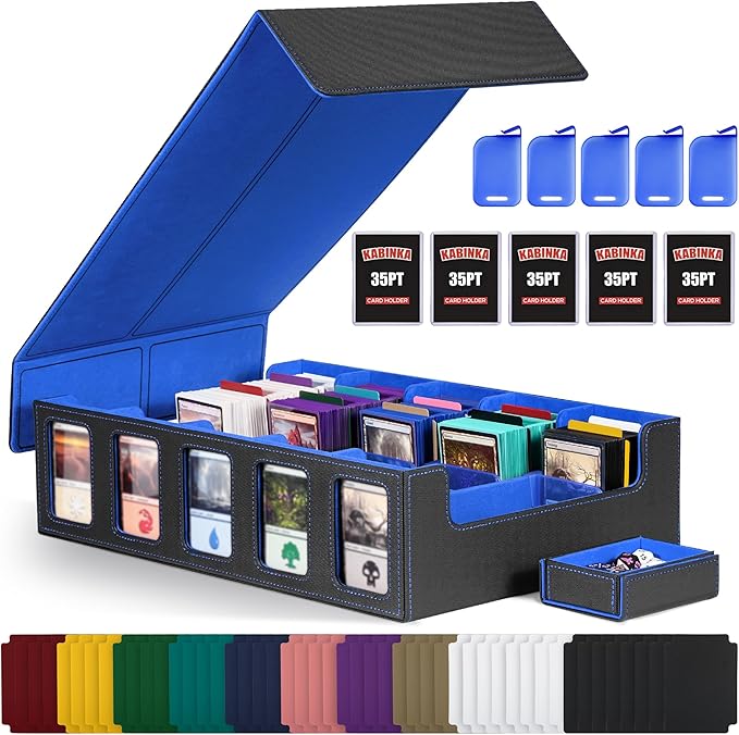 Trading Card Storage Box with Commander Display , 5-Row Deck Case with Removable Lid; 3900+ Card Deck Box for MTG TCG Sports Card, 5 Top Loaders, 5 Stoppers, 48 Dividers,1 Dice Tray (Black Blue)
