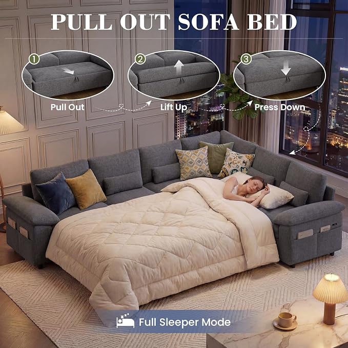 110 Inch Modular Sectional Sleeper Sofa with Pull Out Bed, U Shaped 7 Seat Cloud Modular Sectional Sofa with Storage, Chenille Sectional Couches for Living Room, Apartment, Office, Dark Grey