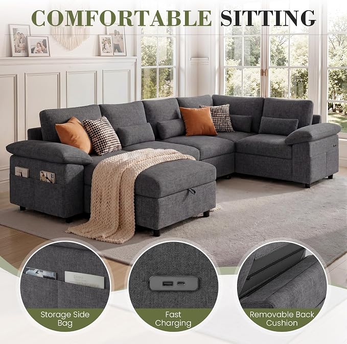 110 Inch Modular Sectional Sleeper Sofa with Pull Out Bed, U Shaped 7 Seat Cloud Modular Sectional Sofa with Storage, Chenille Sectional Couches for Living Room, Apartment, Office, Dark Grey