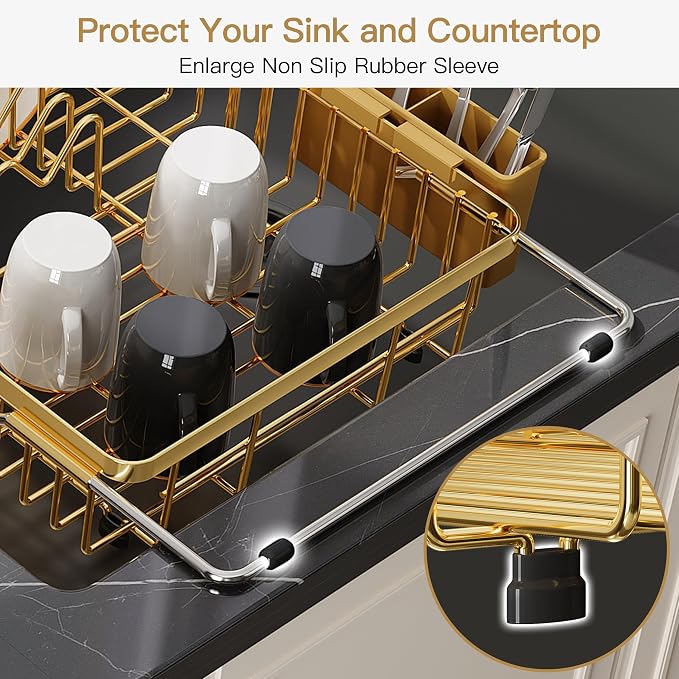 JASIWAY Gold Dish Drying Rack Over the Sink with Utensil Holder | Expandable Stainless Steel Dish Driainers for Small Kitchen, Counter Space Saving, Fast Drain, Rust Resistant, For Apartment