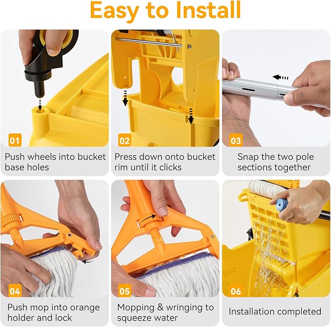 38 Qt Commercial Mop Bucket with Side Press Wringer on Wheels, Including Wet Floor Caution Sign, 1 Heavy Duty Industrial Mop, 1 Mop Head Replacement and a Pair of Gloves