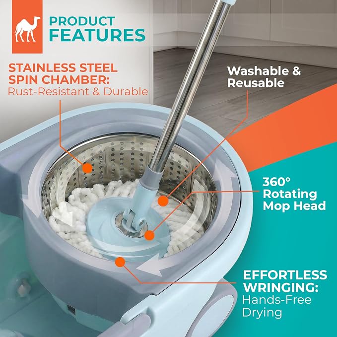 Grazie Spin Mop & Bucket Set - 360° Self-Wringing System with Wheels, Stainless Steel Handle - Hands-Free Floor Cleaning for Hardwood, Tile, Laminate - Includes 6 Washable Microfiber Mop Head Refills