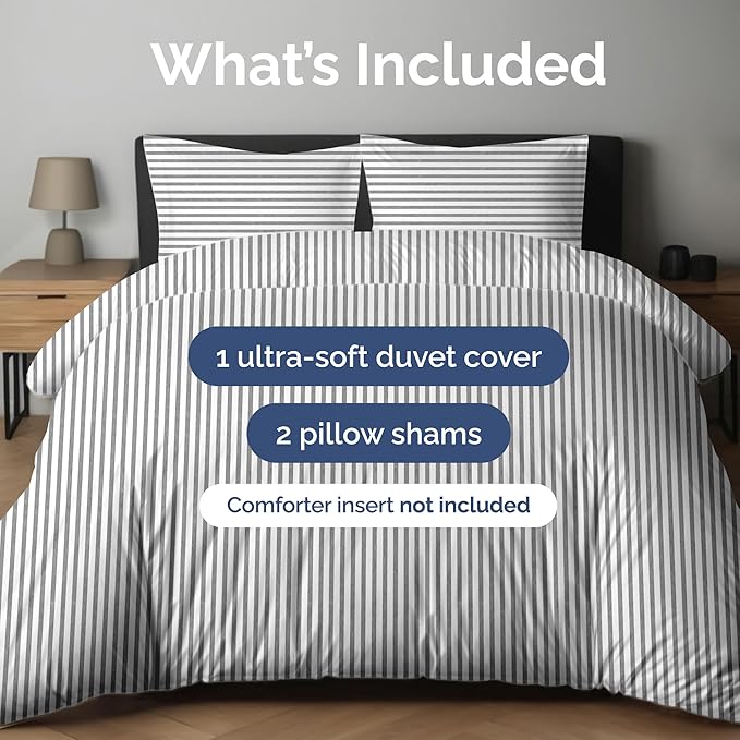 Duvet Cover King Size Set - Extra Soft King Duvet Cover 104" x 90" with 2 Pillow Shams for Women, Men, Kids & Teens - Hotel Luxury w/ Zipper Closures & Ties - Comfy, Cozy & Breathable (Grey Stripes)