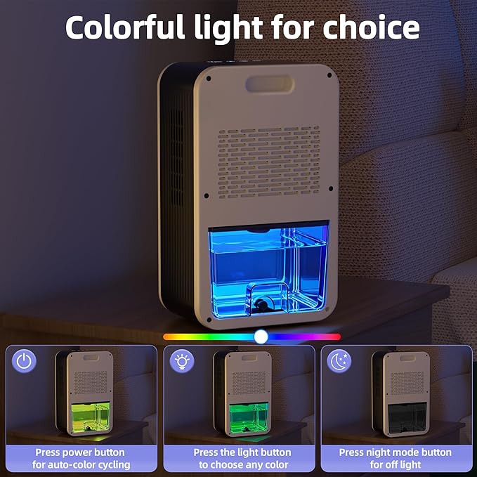 Dehumidifier, 95OZ Dehumidifiers for Home 1000 Sq.Ft, Quiet with Auto Shut Off, Humidity Display Dehumidifier for Bedroom/Bathroom, Timer, Drain Hose, 7-color LED light, Moisture Absorbers (White)