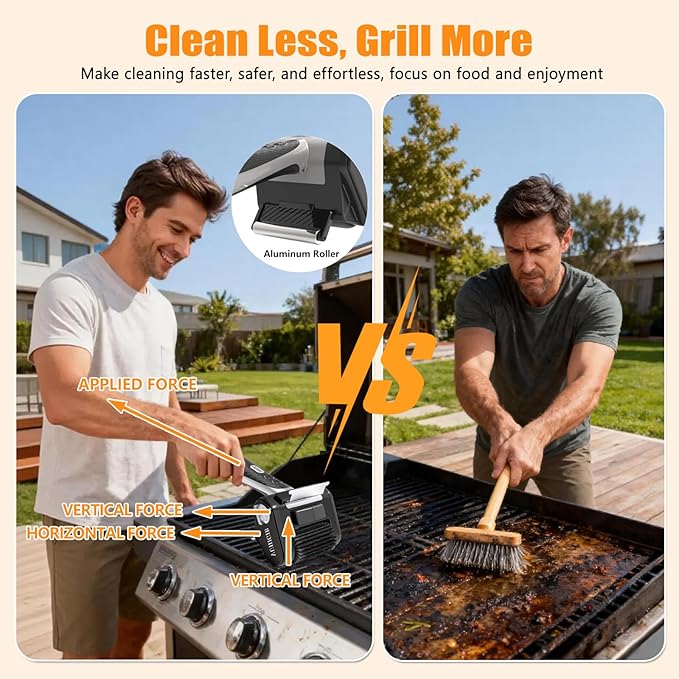 Electric Grill Brush, BBQ Grill Cleaner for Outdoor Grill with LED Light Removable 304 Stainless Steel Brush Head Cordless Grill Cleaning Brush 150 Mins Runtime No Bristle Shedding for Barbecue Grates