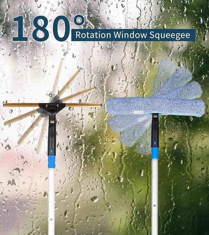 Window Cleaning Kit, Swivel Squeegee & Scrubber with Extension Poles, Foldable Bucket, Blendable Duster, 2 Scrubber Pads & Cleaning Cloth, Glass Scraper Cleaning Tool Kit for Window Glass Mirror Car