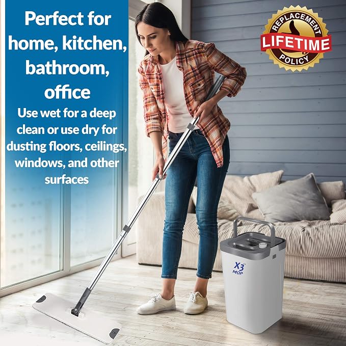 X3 Mop, Separates Dirty and Clean Water, 3-Chamber Design, Flat Mop and Bucket Set, Hands Free Home Floor Cleaning, 3 Reusable Microfiber Mop Pads Included (Original X3 Mop)