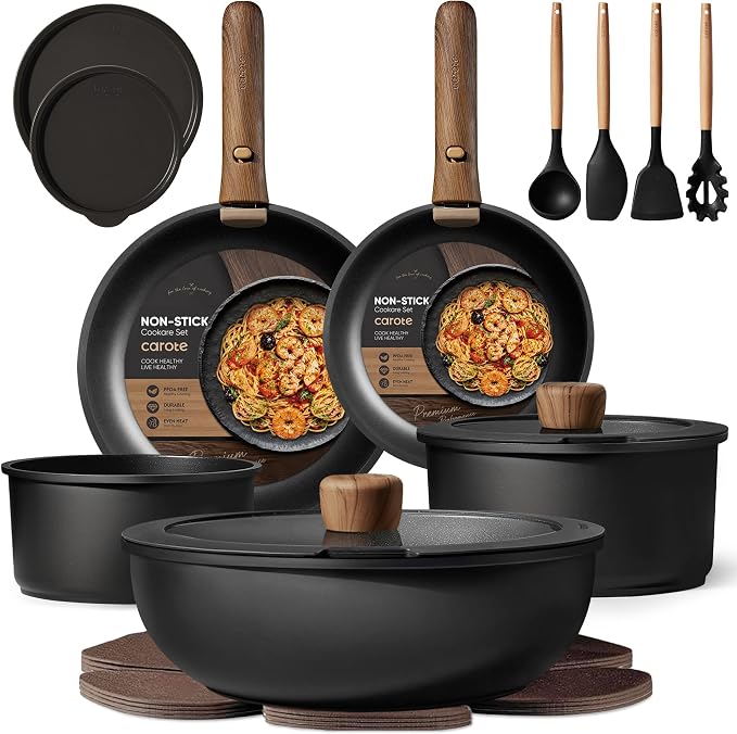 CAROTE 19pcs Pots and Pans Non Stick, Cookware Sets Detachable Handle, Induction Kitchen Pots and Pans,NonStick Cooking Set, Oven/Dishwasher/Fridge Safe, Space Saving