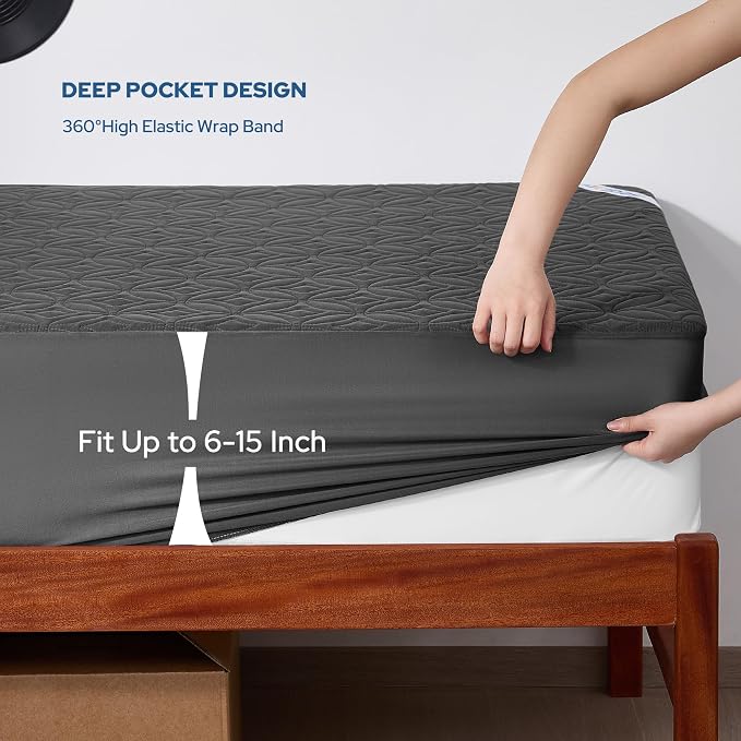 BEDLORE Waterproof Mattress Protector, Twin XL Size Mattress Pad with Deep Pocket 6"-15" Depth, Soft Breathable Dirt-Proof Bed Mattress Cover for Bedroom, College Dorm (Gray)