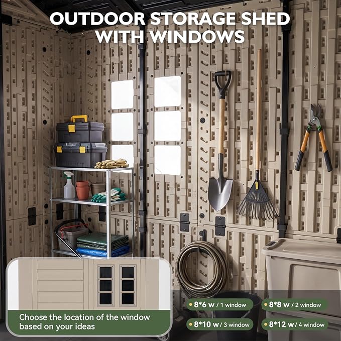Aoxun 8x6 Ft Outdoor Storage Shed with Lighe & Floor, Large Resin Outdoor Shed with Lockable Door & Windows, Garden HDPE Sheds for Lawn Tools, Pool Supplies & Bikes