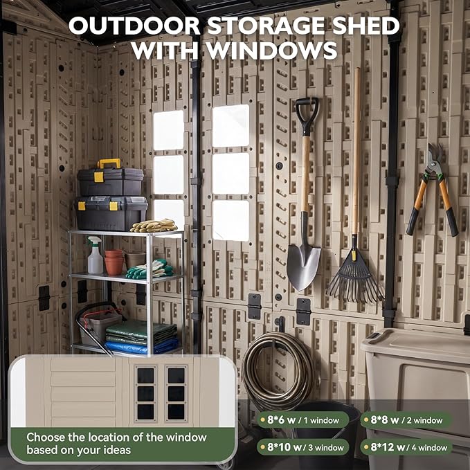 Aoxun 8x6 Ft Outdoor Storage Shed with Floor, Large Resin Outdoor Shed with Lockable Door & Windows, Garden HDPE Sheds for Lawn Tools, Pool Supplies & Bikes
