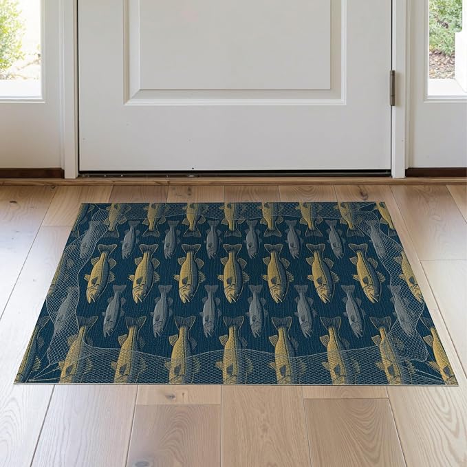 2'x3' Washable Area Rug Bass Repeating Lure Net Border Tackle Motif Angler Fish Fishing Refined Stain Resistant Thin Throw for Entryway, Kitchen, Laundry Room