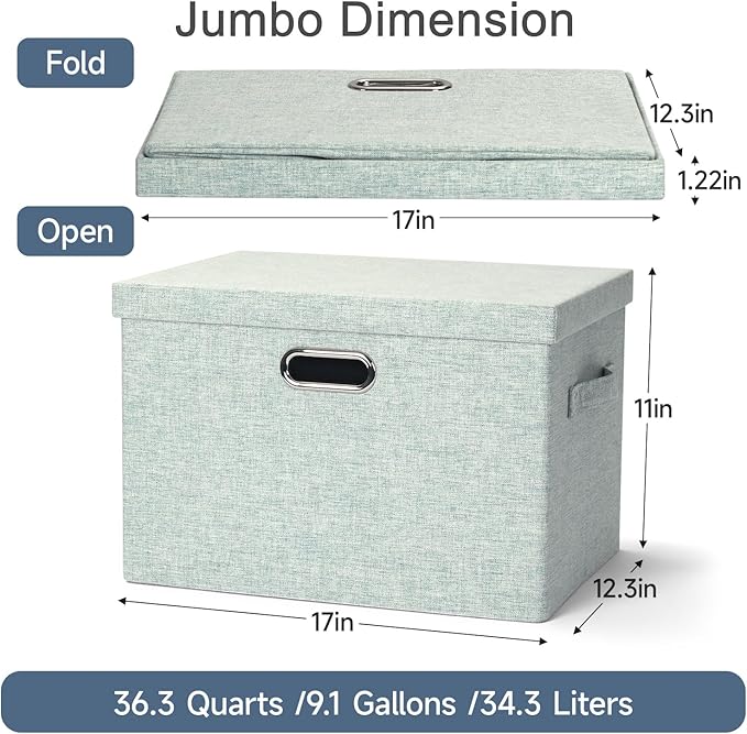 Graciadeco Large 17" 36 Quart Collapsible Stackable Storage Bins with Lids, 3 Packs Light Green Linen Fabric Closet Boxes, Storage Cube Baskets Container Organizers for Office (16.5x12.2x11.2)