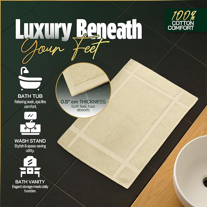 Pearl Linens Pack of 2 100% Cotton Bath Mat 18x25 inches, Soft & Absorbent Quick Dry Bathroom Mat Set, Not Bathroom Rugs, After Shower Mat, Bath Tub Mat, 781 GSM, Machine Washable, Beige