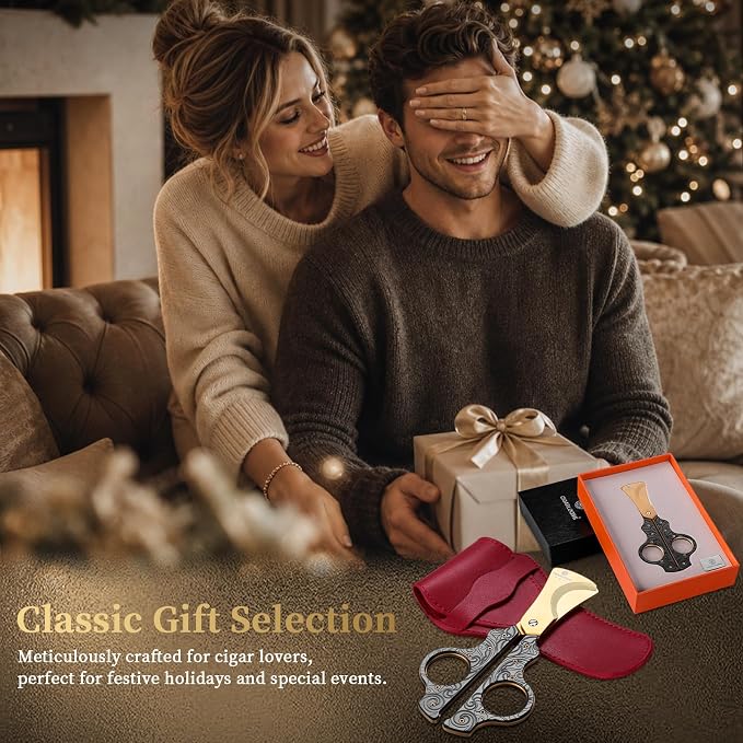 Cigar Scissors Cutter Stainless Steel Double Blade Guillotine Cutter Straight Cut Scissors with Leather Case(Black)