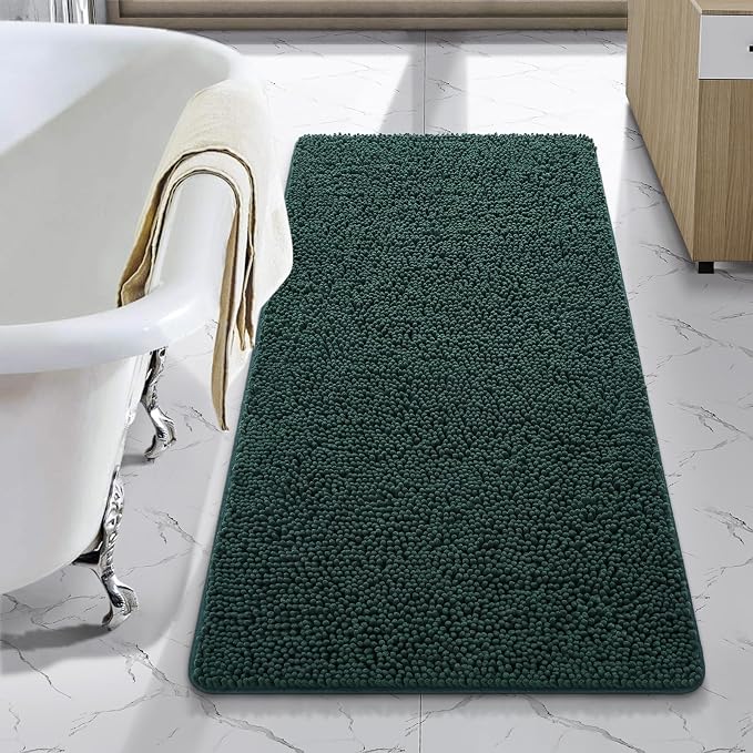 LOCHAS Luxury Bathroom Rug Shaggy Bath Mat 24 x 48 Inch, Hunter Green | Washable Non Slip Bath Rugs for Bathroom Shower, Soft Plush Chenille Absorbent Carpets