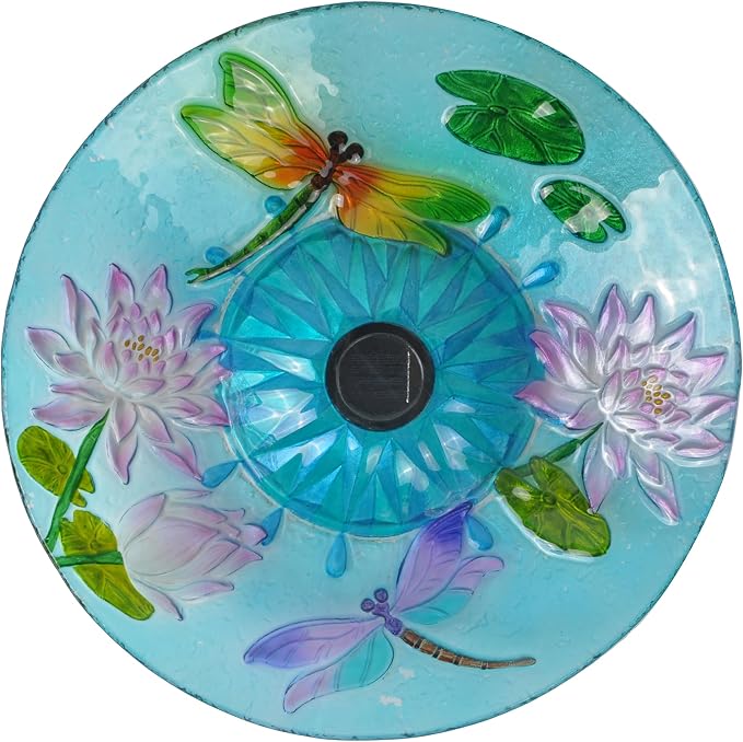 Teamson Home Handpainted Dragonfly Fusion Glass Solar Birdbath Bowl Feeder with LED Light for Outdoor Patio Garden Backyard Decking Decor, 21 Inch Height, Light Blue