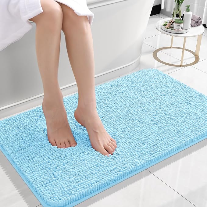 OLANLY Small Bathroom Rugs 24x16, Extra Soft Absorbent Chenille Bath Rugs, Rubber Backing Quick Dry, Machine Washable Bath Mats for Bathroom Floor, Tub and Shower, Home Decor Accessories, Sky Blue