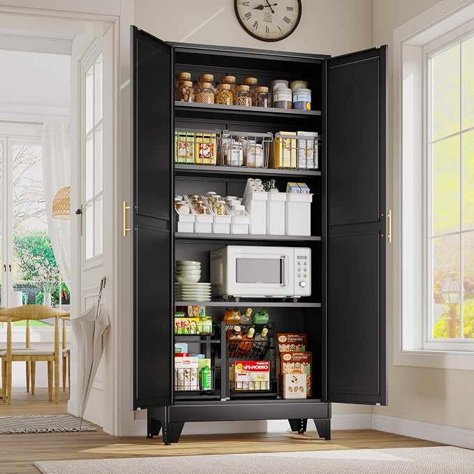 GAIOUS 71" Tall Metal Storage Cabinet with 2 Doors and 4 Adjustable Shelves, Kitchen Pantry Cabinet Black Freestanding Cupboard, 5 Tier Multifunctional Steel Storage for Office, Kitchen, Dining Room