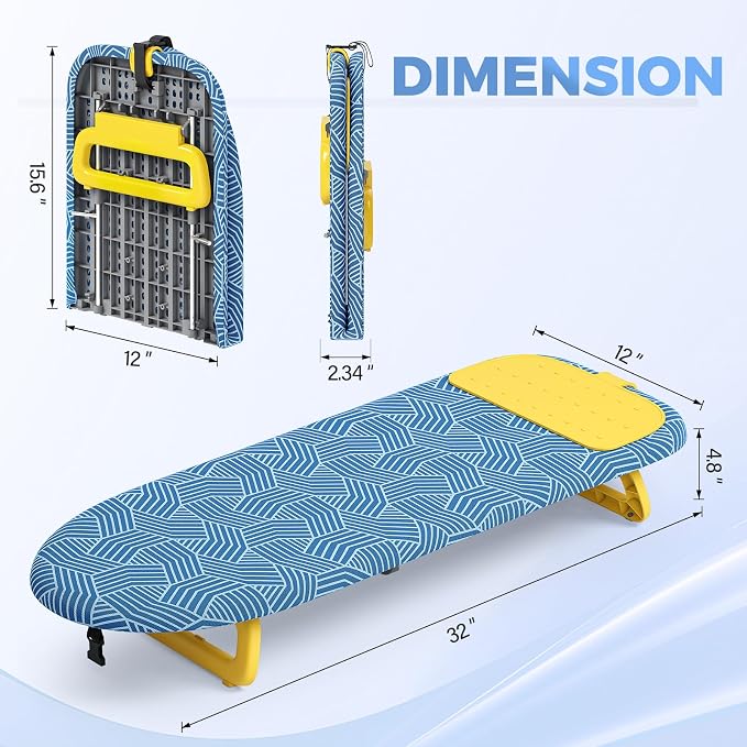KINGBOARD Tabletop Ironing Board, Small Ironing Board with Iron Mat, Foldable Mini Iron Board, Easy Storage for Travel & Dorm, 12x32 Blue & Yellow