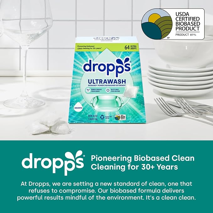 Dropps UltraWash Dishwasher Detergent Pods, Lemon Citrus (64 Ct) - Cuts Grease & Stuck-On Food | Sparkling Dishes & Glasses | Residue-Free | Clean Ingredients | No Pre-Rinse | Plastic Free Packaging