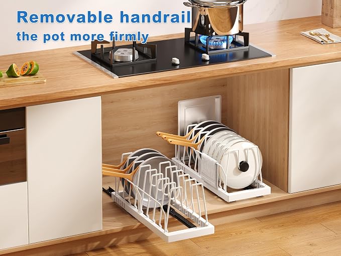 Mustorn 2 Pack Pots and Pans Organizer Under Cabinet, 21.6" Deep Pull Out Pot Lid Organizer Holder with Guardrail Adhesive Pot and Pan Holder Rack with 10 Adjustable Dividers(White)