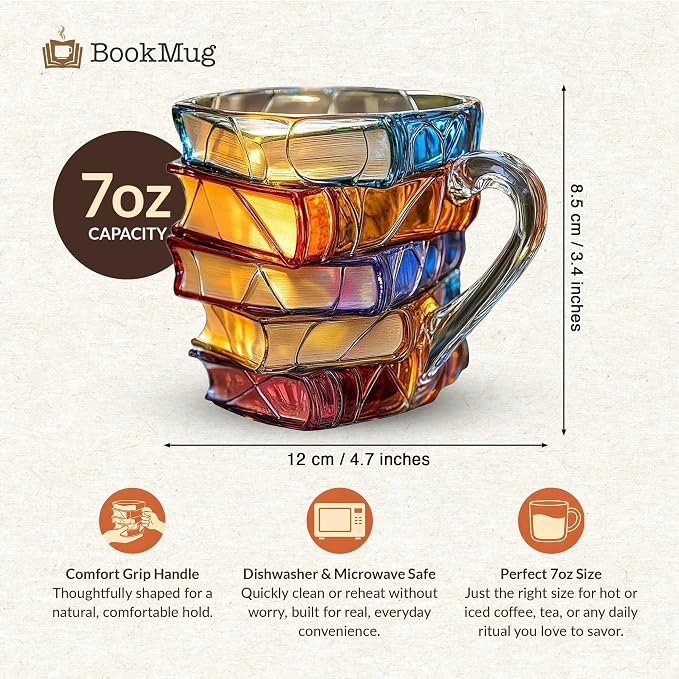 Book Mug Chapter Glass 3D Book Mugs Stained Glass Cup Gift for Women 7oz | Artistic Reading Coffee Cup with Stack Design, Unique Literary Birthday & Friendship Gifts for Women, Friends, Readers