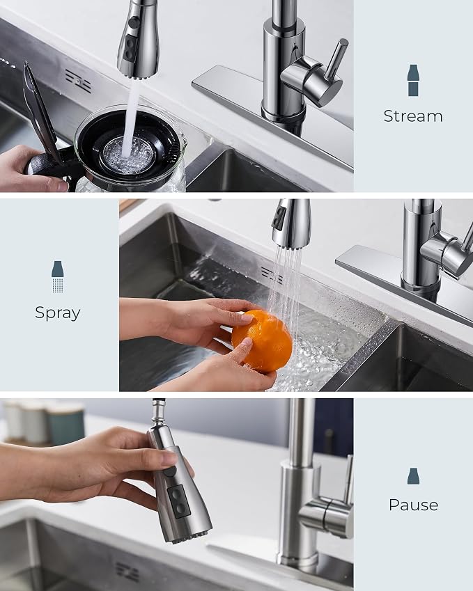 FORIOUS Kitchen Faucet with Pull Down Sprayer, Chrome, Bar High Arc Single Handle Traditional 3 Modes Stainless Steel Faucet for Kitchen Sink Farmhouse RV Laundry Camper
