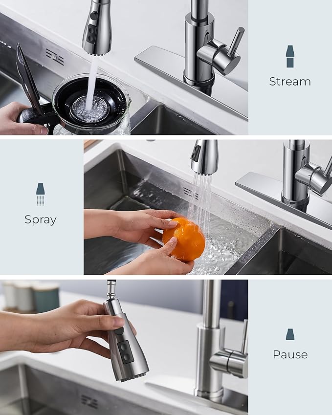 FORIOUS Kitchen Faucets with Soap Dispenser and Pull Down Sprayer, Chrome, Bar High Arc Single Handle Classic 3 Modes Stainless Steel Faucet for Kitchen Sink Farmhouse RV Laundry Camper