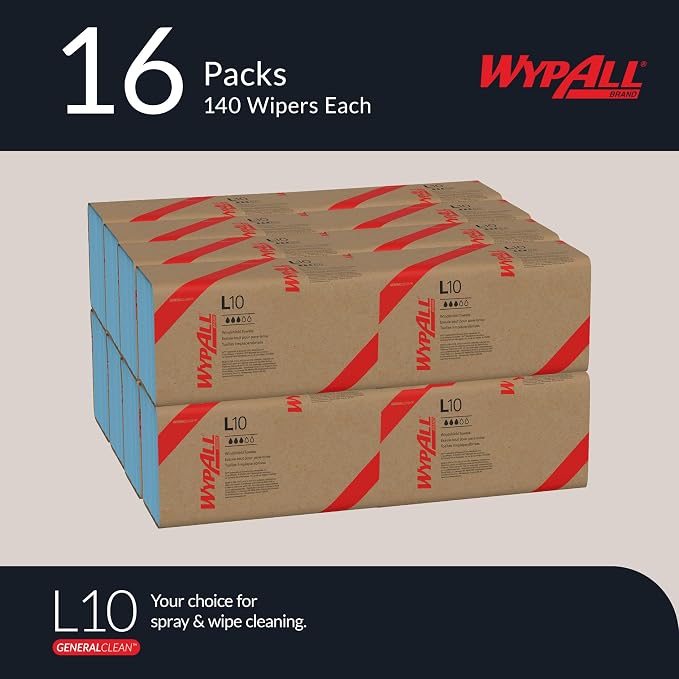 WypAll GeneralClean L10 Cloths Light Cleaning Wipes (05120), Windshield Towels, Bulk Paper Wipers, Blue (16 Packs of 140 Sheets, 2,400 Sheet Total)