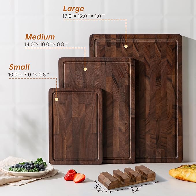 Walnut Wood Cutting Board Set, End Grain Cutting Board for Kitchen | Walnut Wooden Charcuterie Boards, FSC Certified, Non Toxic, Non-Slip Feet, 3 Practical Sizes, Meal Prep & Serving, Gift Box