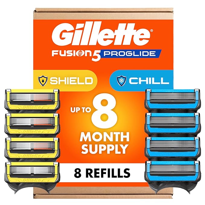 Gillette Mens Razor Blade Refills, 4 ProGlide Chill Cartridges, 4 ProGlide Shield Cartridges, Shields against Skin Irritation, Cools to sooth skin, 8 Count (Pack of 1)