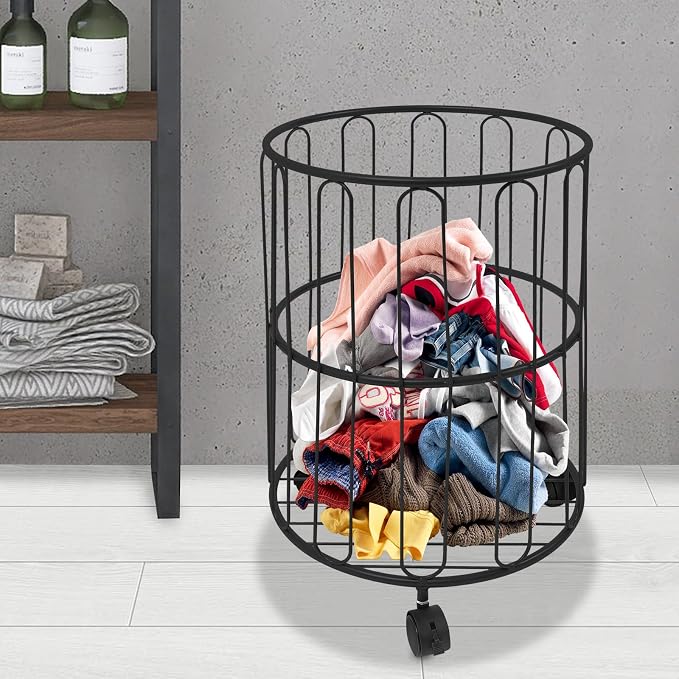 Rolling Laundry Hamper with Wheels Metal Wire Laundry Basket Cart Heavy Duty Clothes Toy Sundries Storage Organize Hamper Bin for Living Room Bathroom Closet Bedroom (Black, Round 2)