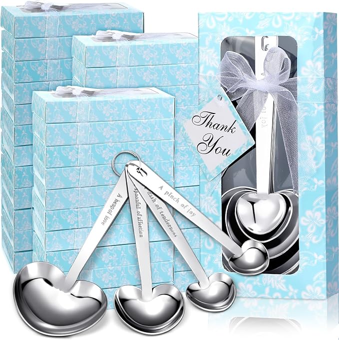 Yinder 50 Sets Heart Measuring Spoons Wedding Favors for Guests with Gift Box and Thank You Card, Bridal Shower Favors Bulk, Kitchen Measuring Spoon Gift Set for Party Souvenirs(Blue)