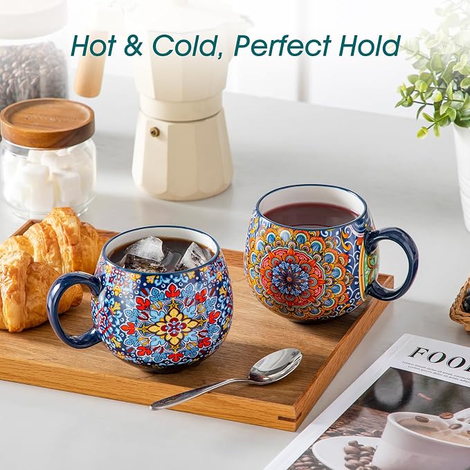 vancasso Coffee Mugs Set of 6, Coffee Cups Ceramic 18oz, Porcelain Coffee Mugs for Cappuccino, Latte, Espresso, Colorful Coffee Mugs with Handle, Rounded Boho Mugs, Microwave & Dishwasher Safe