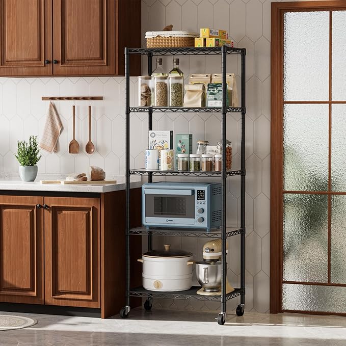 Golpart 5 Tier Shelves Storage Shelf Wire Closet Bathroom Organizers Metal Pantry Kitchen Garage Shelving Unit Laundry Room Organization Home Rack Net Basket Black with Wheels 14”D X 24”W X 61.2”H